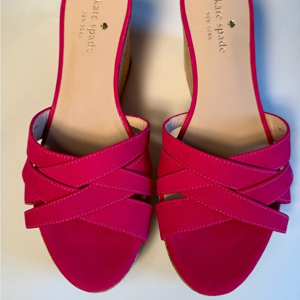 Kate Spade Talcott Pink Suede Cork Wedge Sandals Crisscross Platform NIB Size 7 - Picture 4 of 14